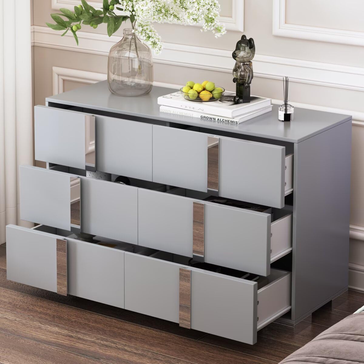 30.3" Elegant Modern Dresser with Metal Handle,Mirrored Nightstand Storage Cabinet with 6 Drawers for Bedroom,Living Room,Gray