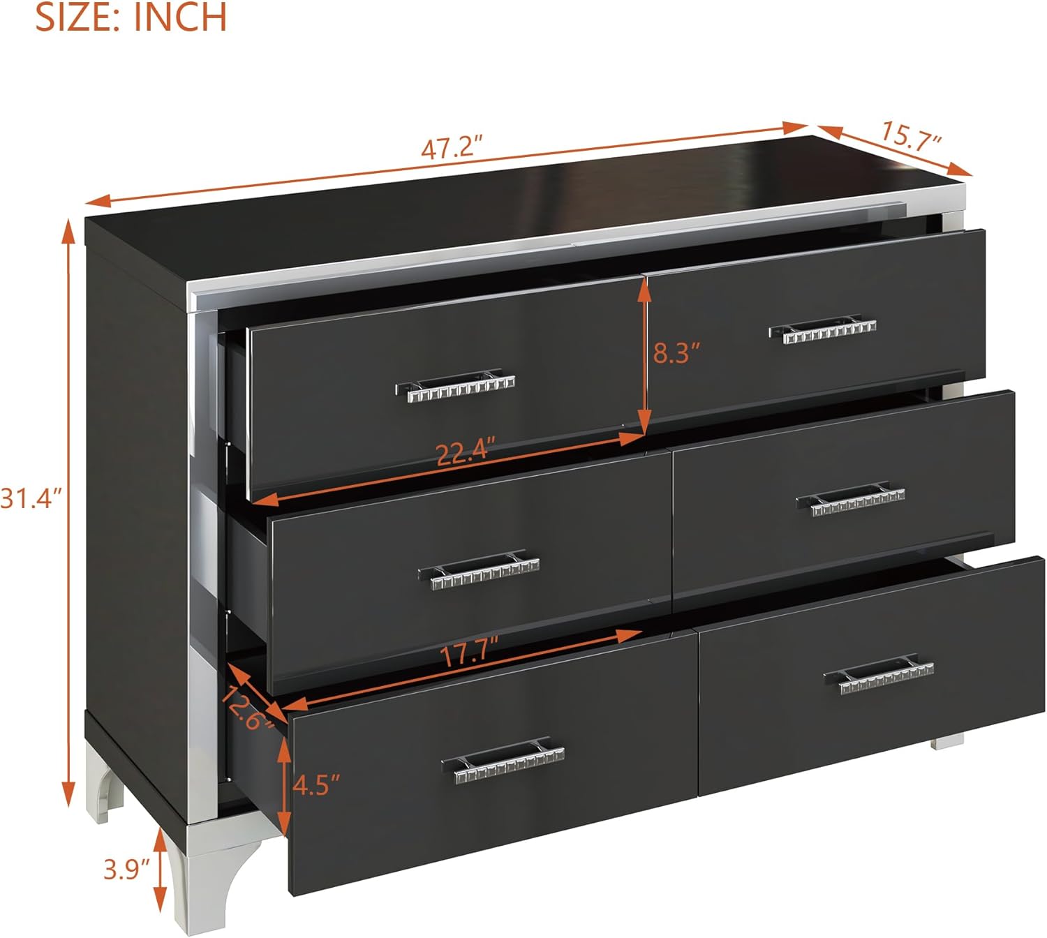 Knocbel Mirrored Storage Dresser with 6 Drawers, Elegant High Gloss Chest Cabinet with Metal Handle for Living Room Entryway 15.7" D x 47.2" W x 31.4" H Black