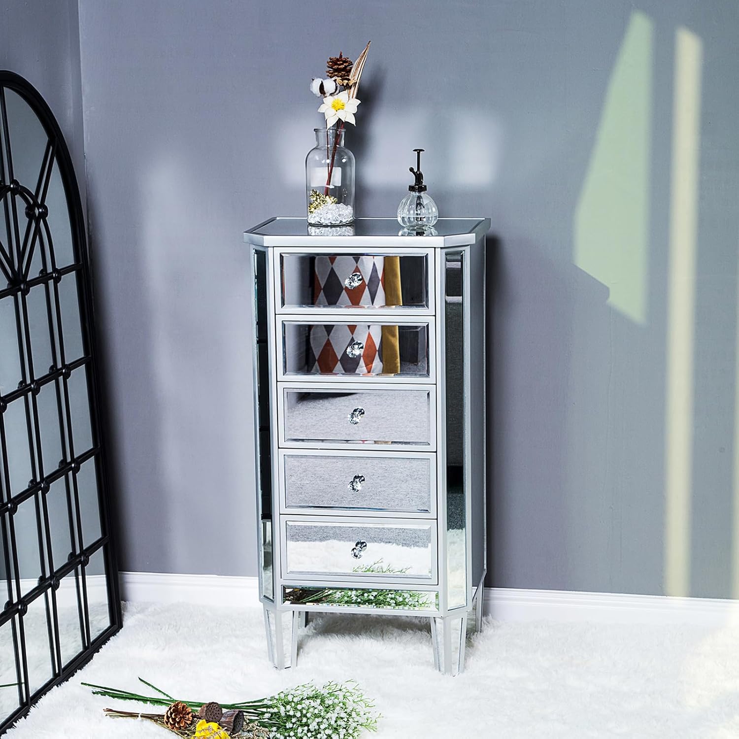 Bonnlo Mirrored Dresser 5 Mirror Drawers, Mirror Chest of Drawers, Glass Dresser Mirror, Glass Chest, Mirrored Nightstand Tall for Bedroom, Living Room, Silver