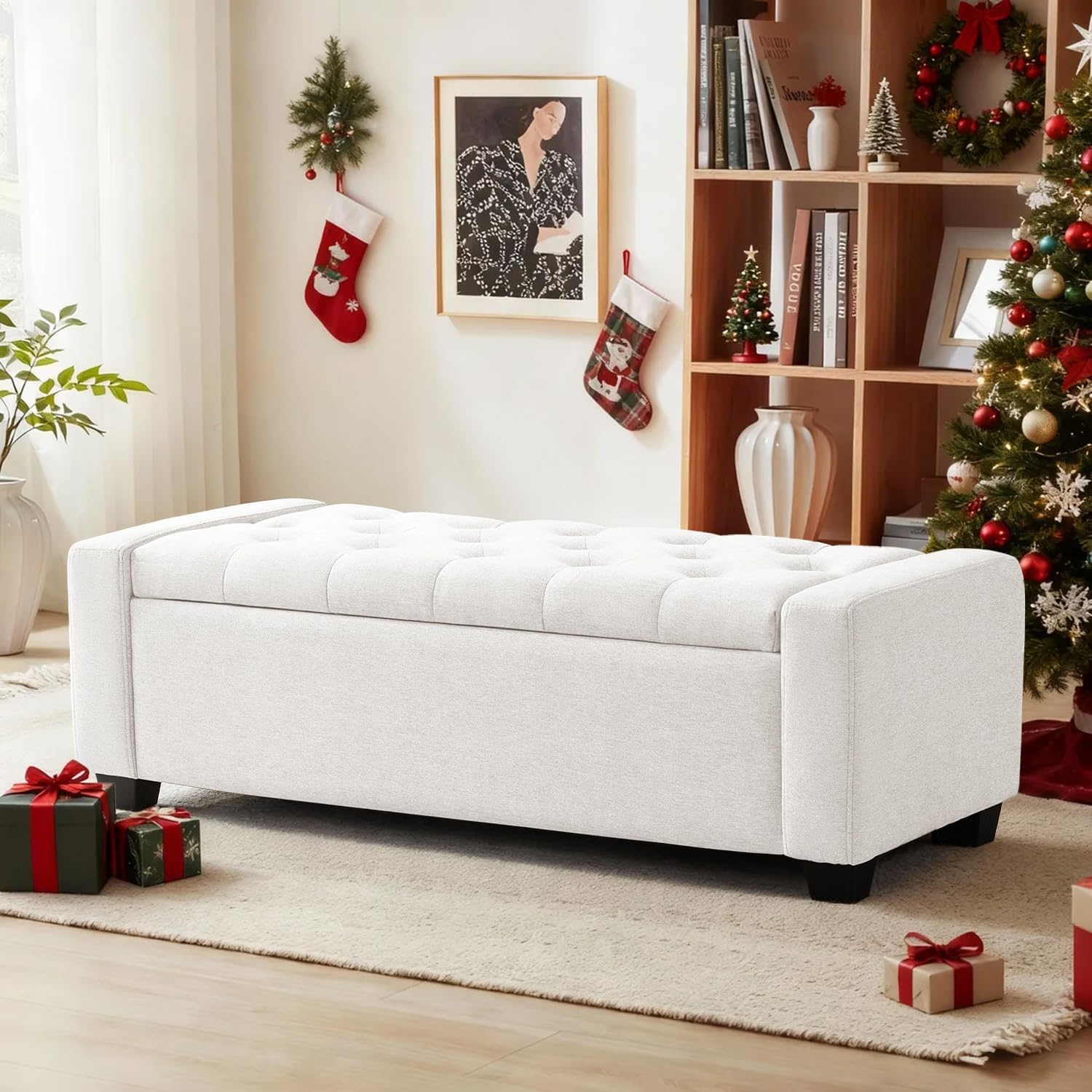 48" Ottoman with Storage, Storage Ottoman Bench with Safety Hinge, Upholstered Entryway Bench with Seating for Bedroom, Living Room, Holds up to 330 lb, Beige