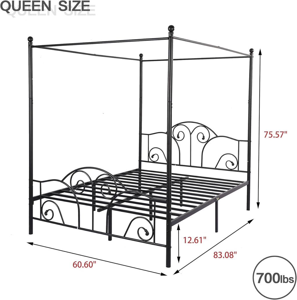 Queen Size Four-Poster Metal Canopy Bed Frame with Headboard and Footboard Sturdy Slatted Structure No Box Spring Needed Black