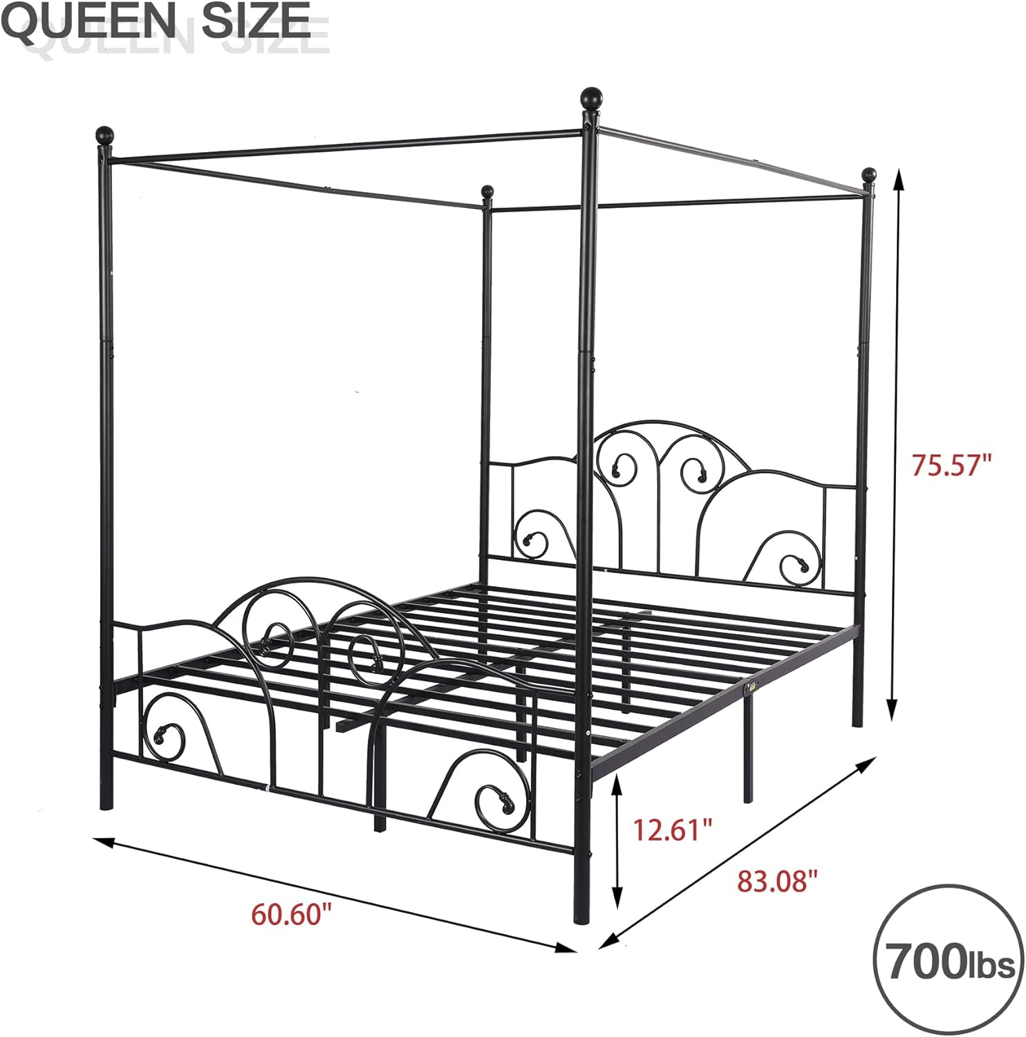 Queen Size Four-Poster Metal Canopy Bed Frame with Headboard and Footboard Sturdy Slatted Structure No Box Spring Needed Black