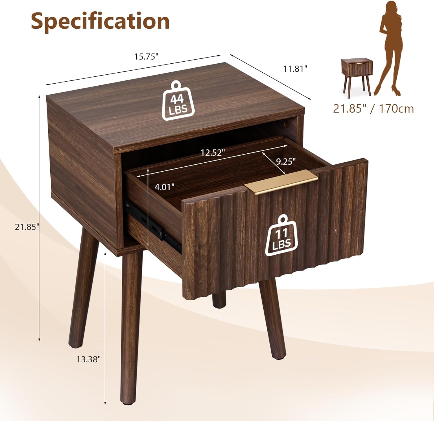 VINGLI Night Stand Set 2, Fluted Nightstands with Drawer, Mid Century Modern Nightstands Set of 2, Bedside Table, End Table, Wood Nightstand for Bedroom, Walnut, 15.75" W*11.81" D*21.85" H
