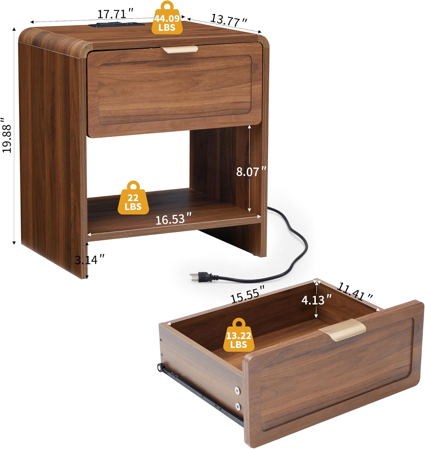 LEVNARY Compact Nightstand Set of 2, Mid-Century Modern Bedside Table with Charging Station and Curved Top Corners, Wooden Small End Table for Farmhouse Bedroom Living Room (2, Walnut)