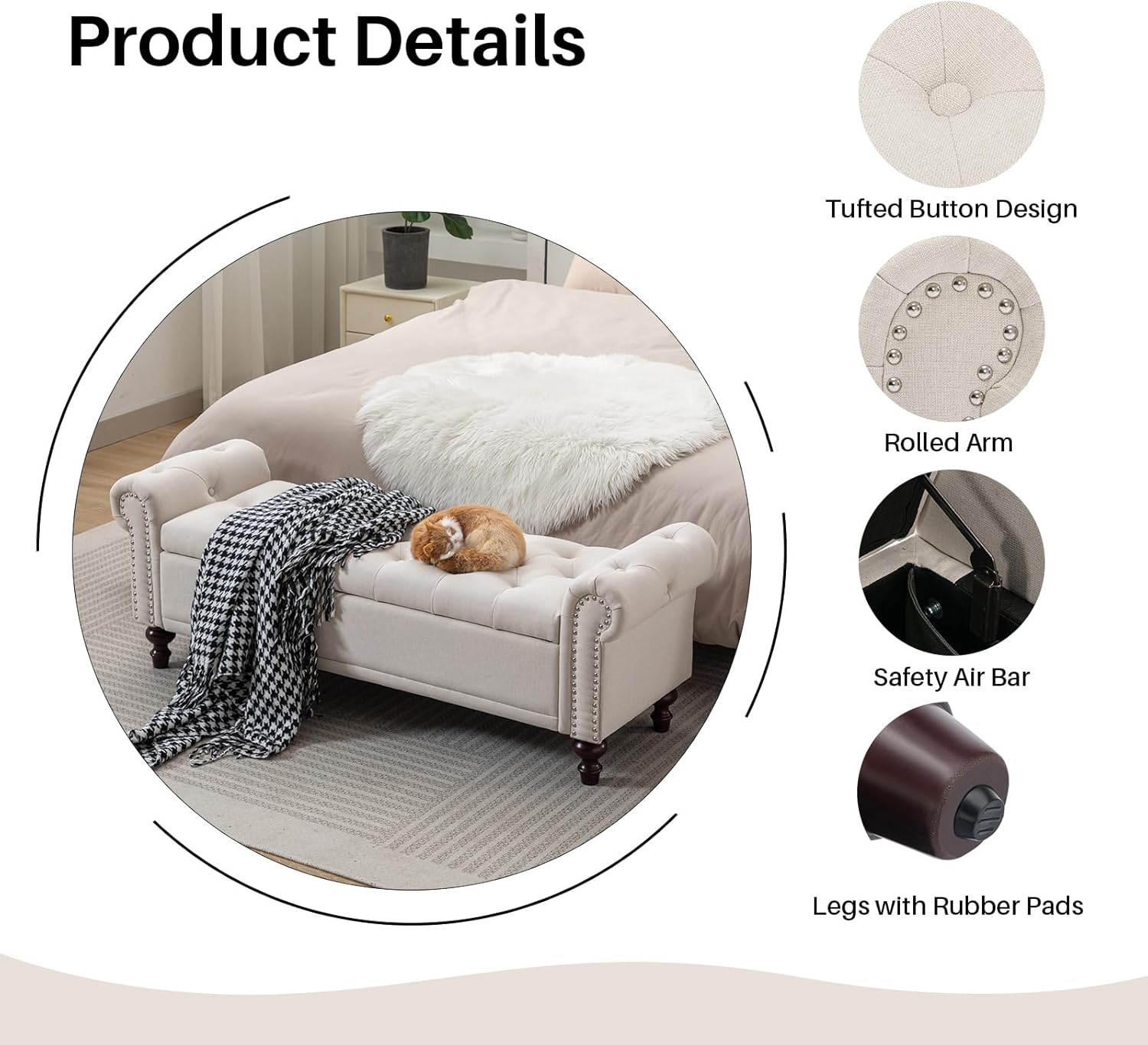 58.1" Storage Bench Upholstered Linen End of Bedroom Bed Bench Ottoman with Tufted Cushioned Rolled Arm Large Storage Space for Reading Living Room Entryway, Beige