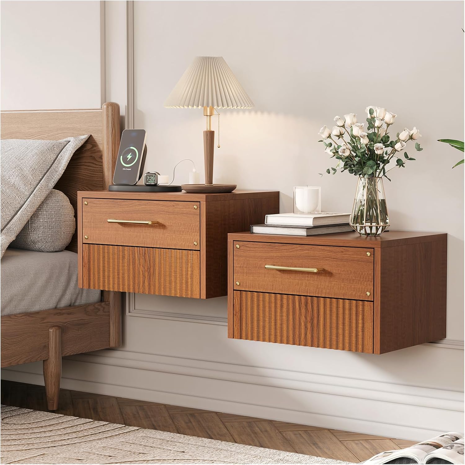 Nightstands Set of 2, Mid Century Modern Nightstand with Drawers, Bedside Tables with Solid Wood Legs, End Side Tables for Bedroom, Small Space,Walnut