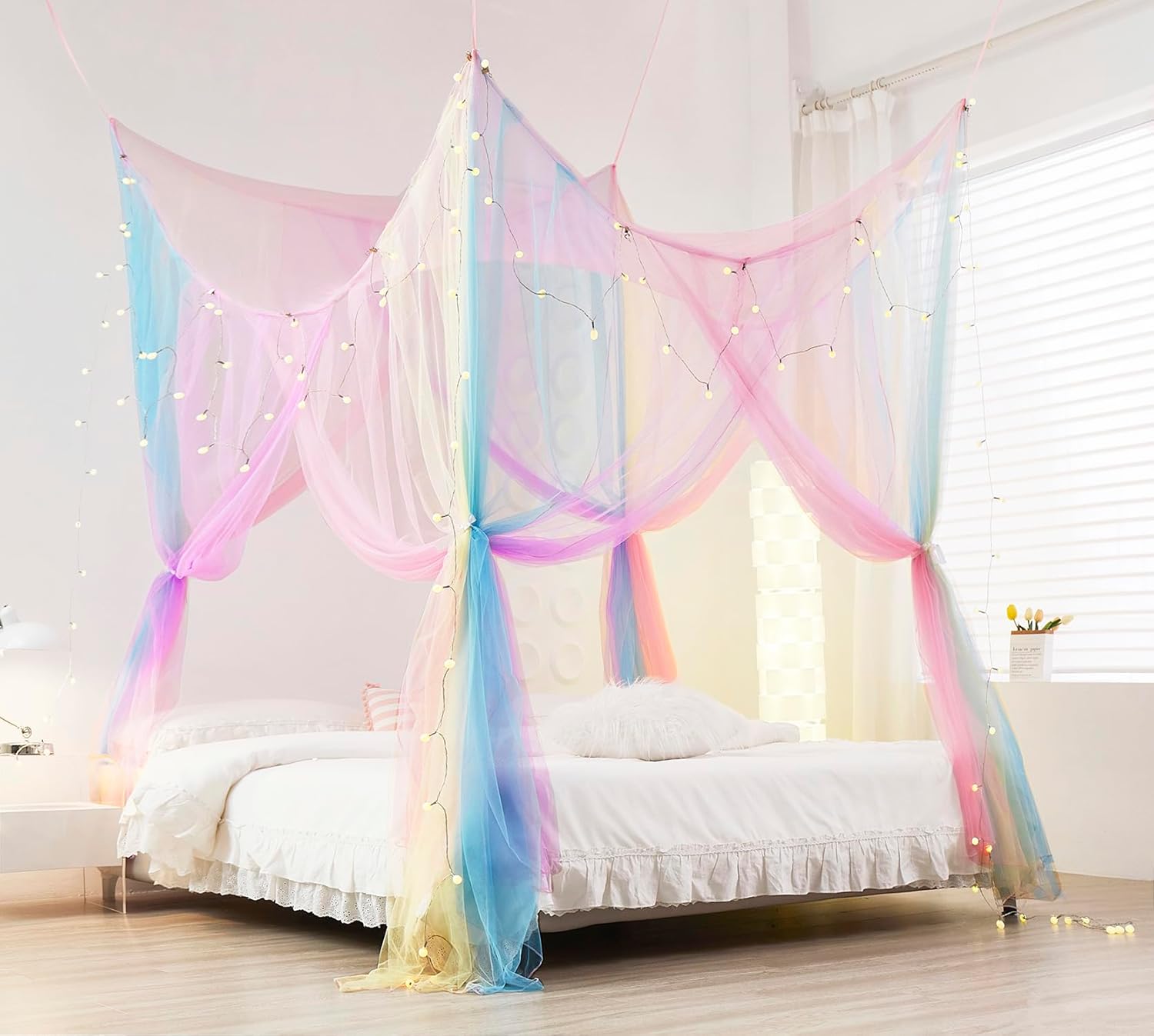 Mengersi 4 Corner Post Elegant Canopy Bed Curtains for Full Queen King Bed,Mosquito Net Suitable for Indoor Outdoor Net(Gray, L87xW79xH98 inch)