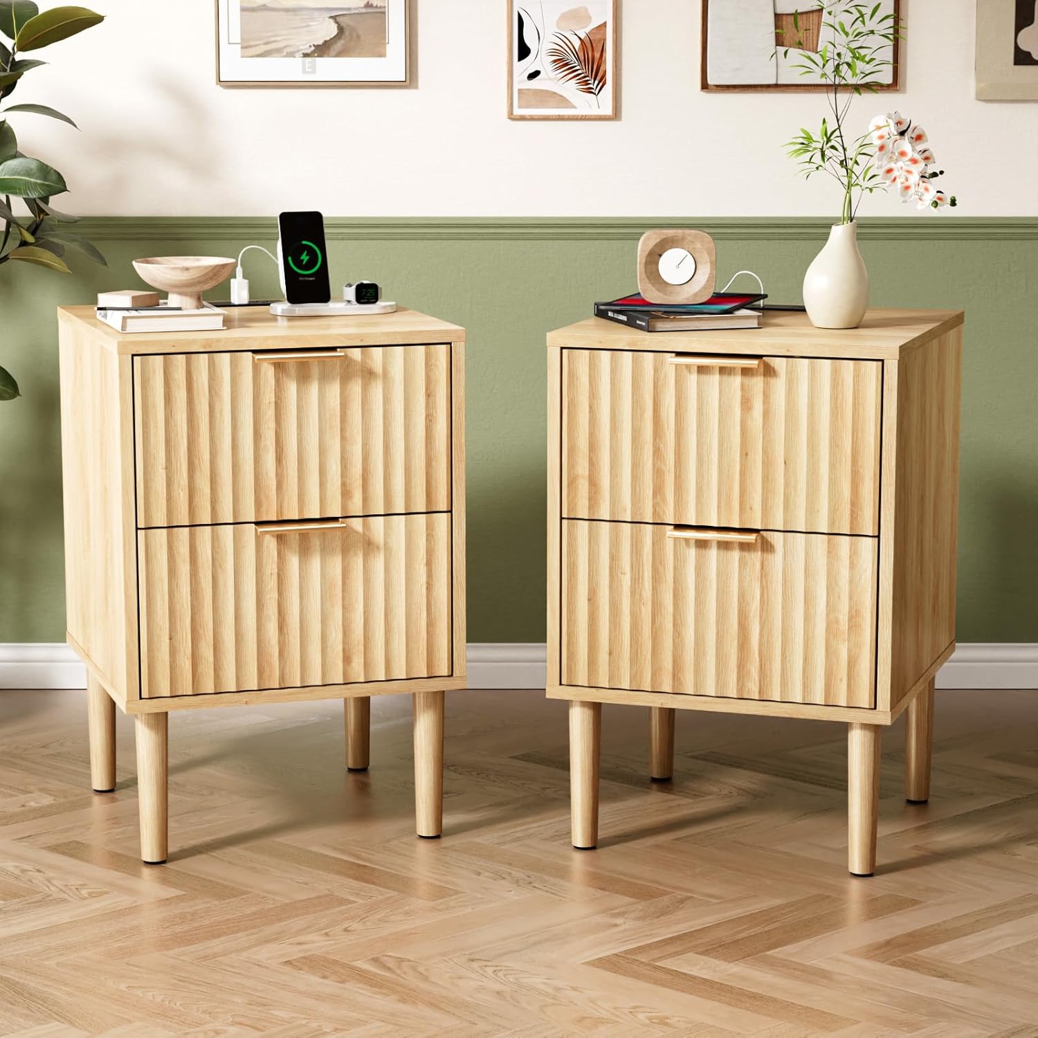 VINGLI Night Stand Set 2, Fluted Nightstands with Drawer, Mid Century Modern Nightstands Set of 2, Bedside Table, End Table, Wood Nightstand for Bedroom, Walnut, 15.75" W*11.81" D*21.85" H