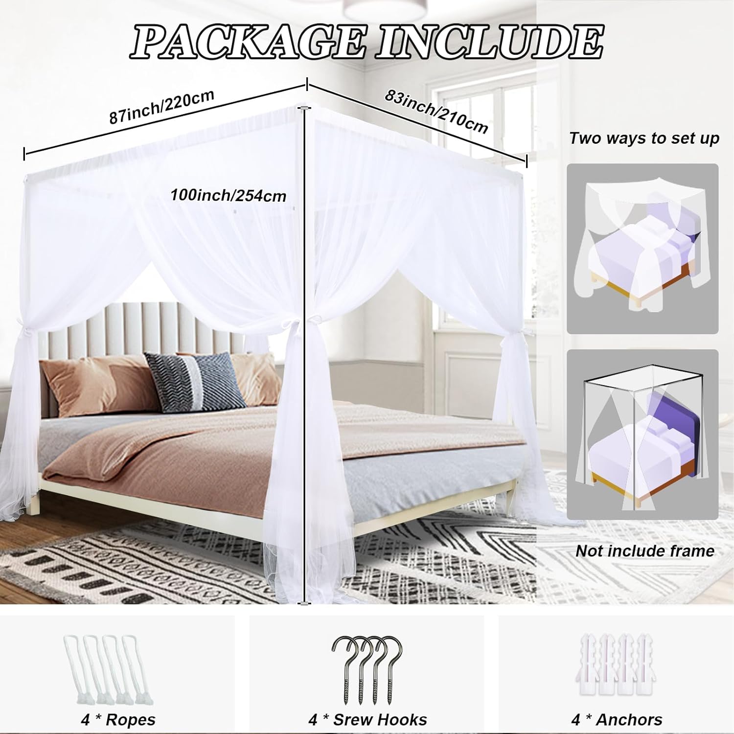 tupi Canopy Bed Curtains for King/Queen Size Bed, 4 Poster Bed Canopy, Elegant White Mosquito Net, 4 Corner Canopy Curtain with 4 Openings, Ultra Ripstop Polyester, Easy Installation