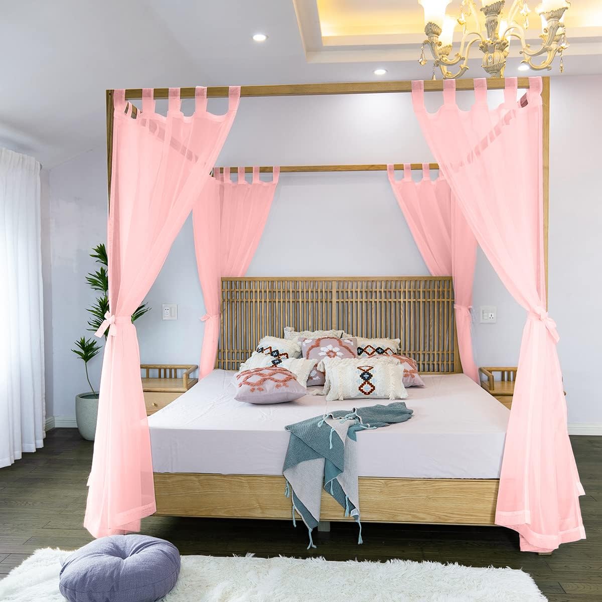 Linentalks Sheer Canopy Bed Curtains for King, Queen, Full and Twin Bed, 4 Corner Bed Canopies & Drapes, Four Poster Bed Canopy Curtains Beds, Sheer Curtains for Canopy Bed Drapes, Ivory