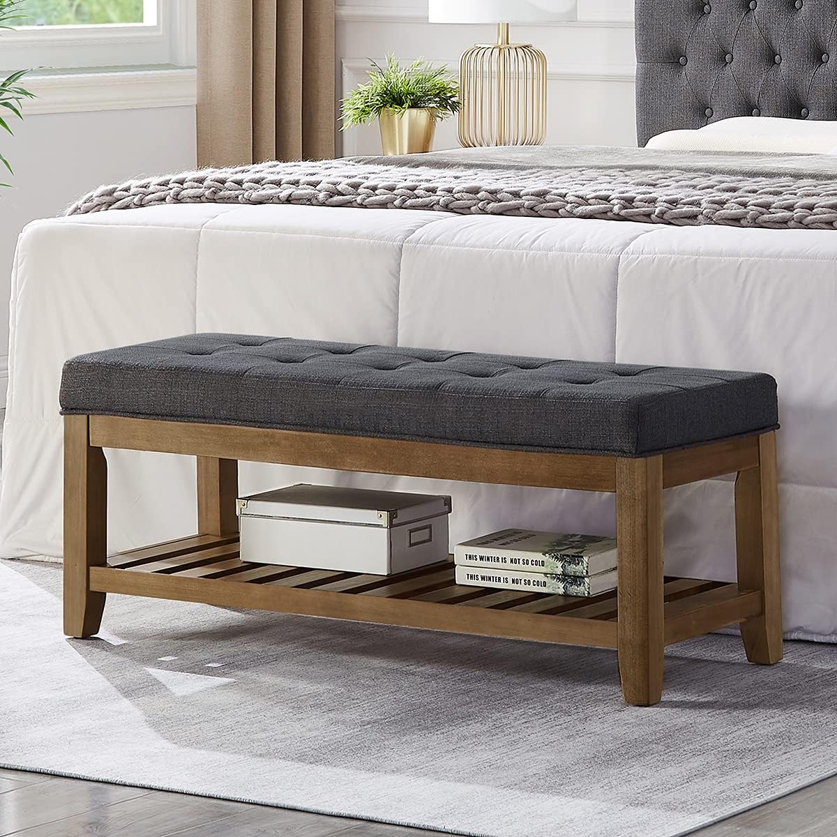 24KF Large Rectangular Upholstered Tufted Linen Fabric Ottoman Bench, Padded Bench with Solid Wood Shelf-Linen