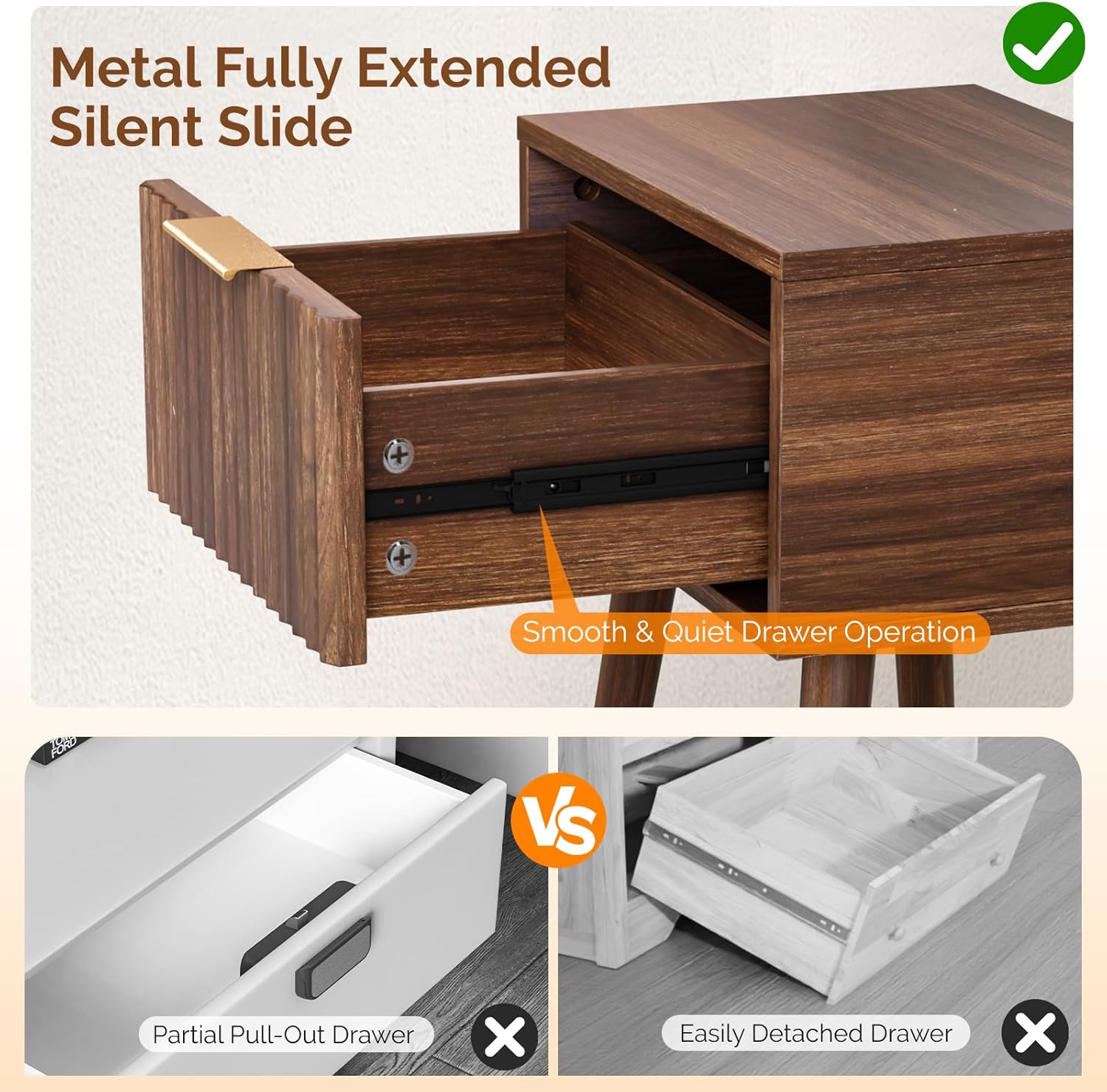 VINGLI Night Stand Set 2, Fluted Nightstands with Drawer, Mid Century Modern Nightstands Set of 2, Bedside Table, End Table, Wood Nightstand for Bedroom, Walnut, 15.75" W*11.81" D*21.85" H