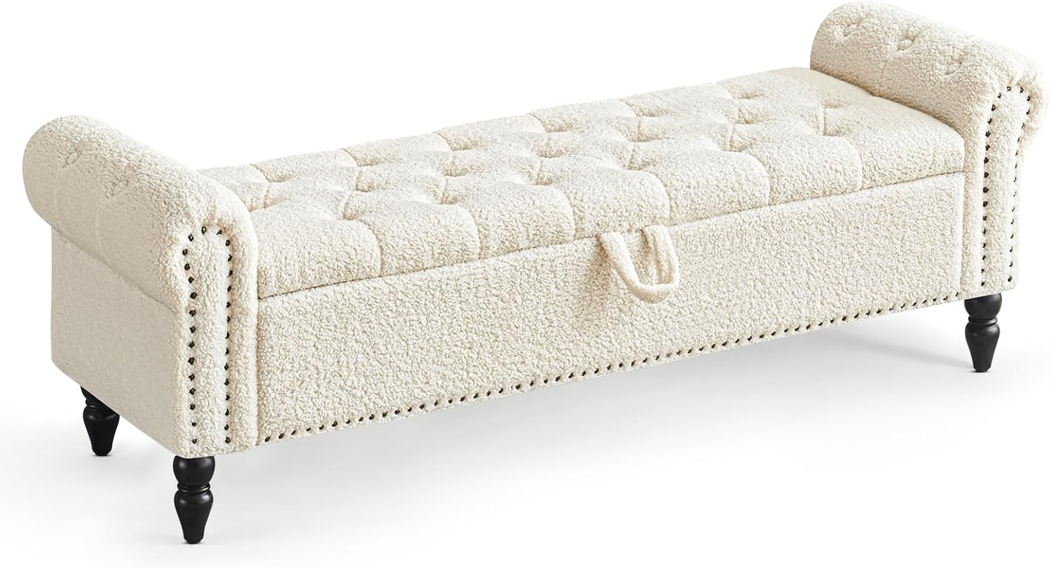 Furniliving 51” Storage Benches, End of Bed Bench with Button-Tufted Large Upholstered Storage Ottoman Linen Window Bench with Storage Shoe Cabinet Bench, for Bedroom, Entryway, Closet, Beige