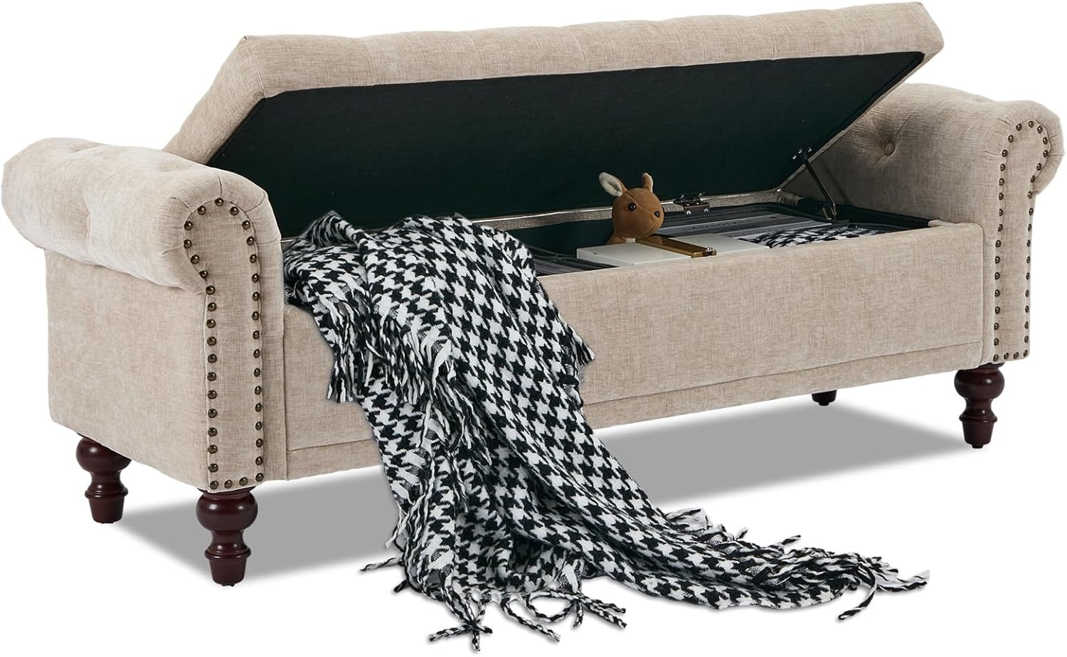 58.1" Storage Bench Upholstered Linen End of Bedroom Bed Bench Ottoman with Tufted Cushioned Rolled Arm Large Storage Space for Reading Living Room Entryway, Beige