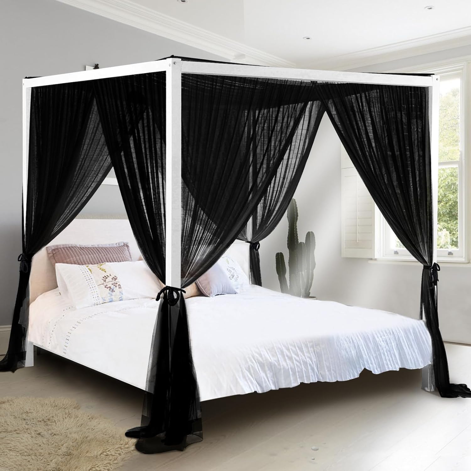South to East White Canopy Bed Curtains, 4 Corner Post Bed Canopy for Girls & Adults, Top Luxurious Bed Drapes for Bedroom Decoration, 4 Openings, 100% Ripstop Polyester, Easy Install, King/Queen Size
