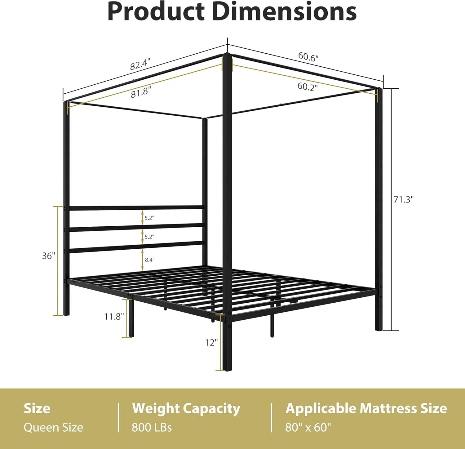 SUPER DEAL Queen Size Canopy Bed Frame, Metal Bedframe with Built-in Headboard Four Poster 14 Inch Platform Mattress Foundation Sturdy Slatted Structure No Box Spring Needed Easy Assembly, Black