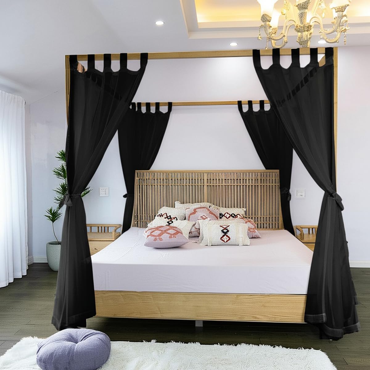 Linentalks Sheer Canopy Bed Curtains for King, Queen, Full and Twin Bed, 4 Corner Bed Canopies & Drapes, Four Poster Bed Canopy Curtains Beds, Sheer Curtains for Canopy Bed Drapes, Ivory