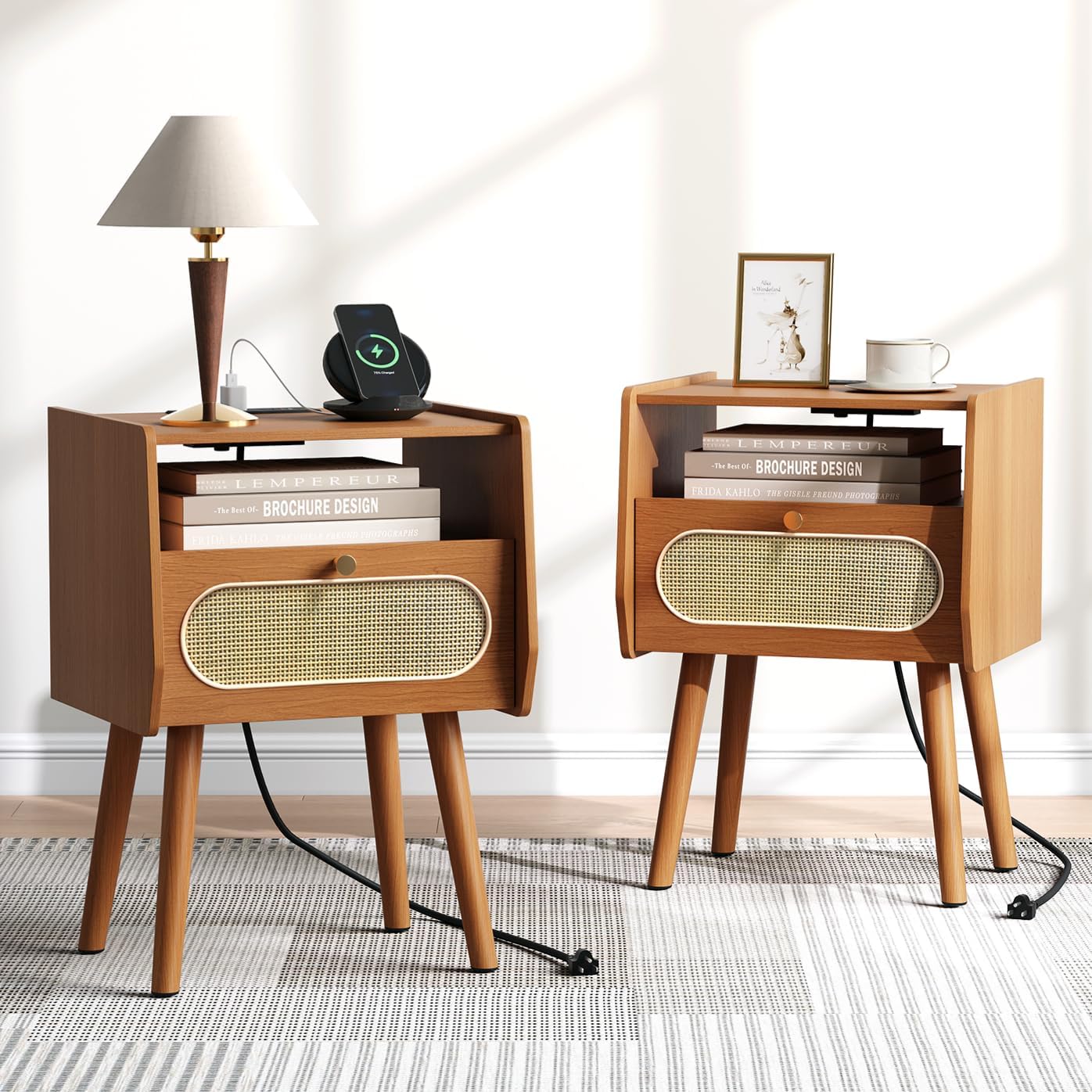 Nightstands Set of 2, Mid Century Modern Nightstand with Drawers, Bedside Tables with Solid Wood Legs, End Side Tables for Bedroom, Small Space,Walnut