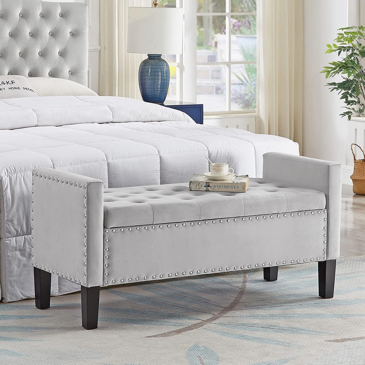 24KF Large Rectangular Upholstered Tufted Linen Fabric Ottoman Bench, Padded Bench with Solid Wood Shelf-Linen