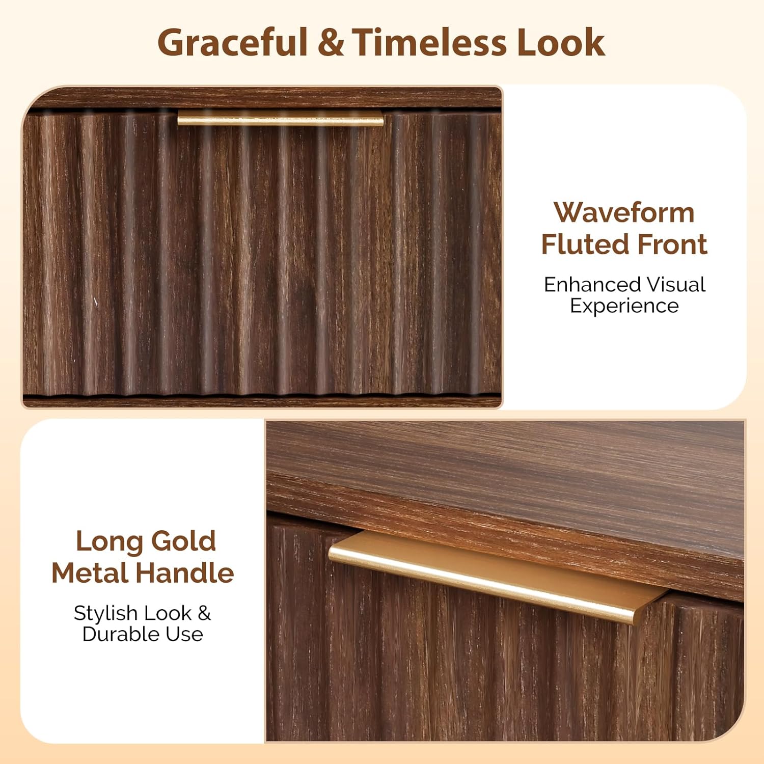 VINGLI Night Stand Set 2, Fluted Nightstands with Drawer, Mid Century Modern Nightstands Set of 2, Bedside Table, End Table, Wood Nightstand for Bedroom, Walnut, 15.75" W*11.81" D*21.85" H