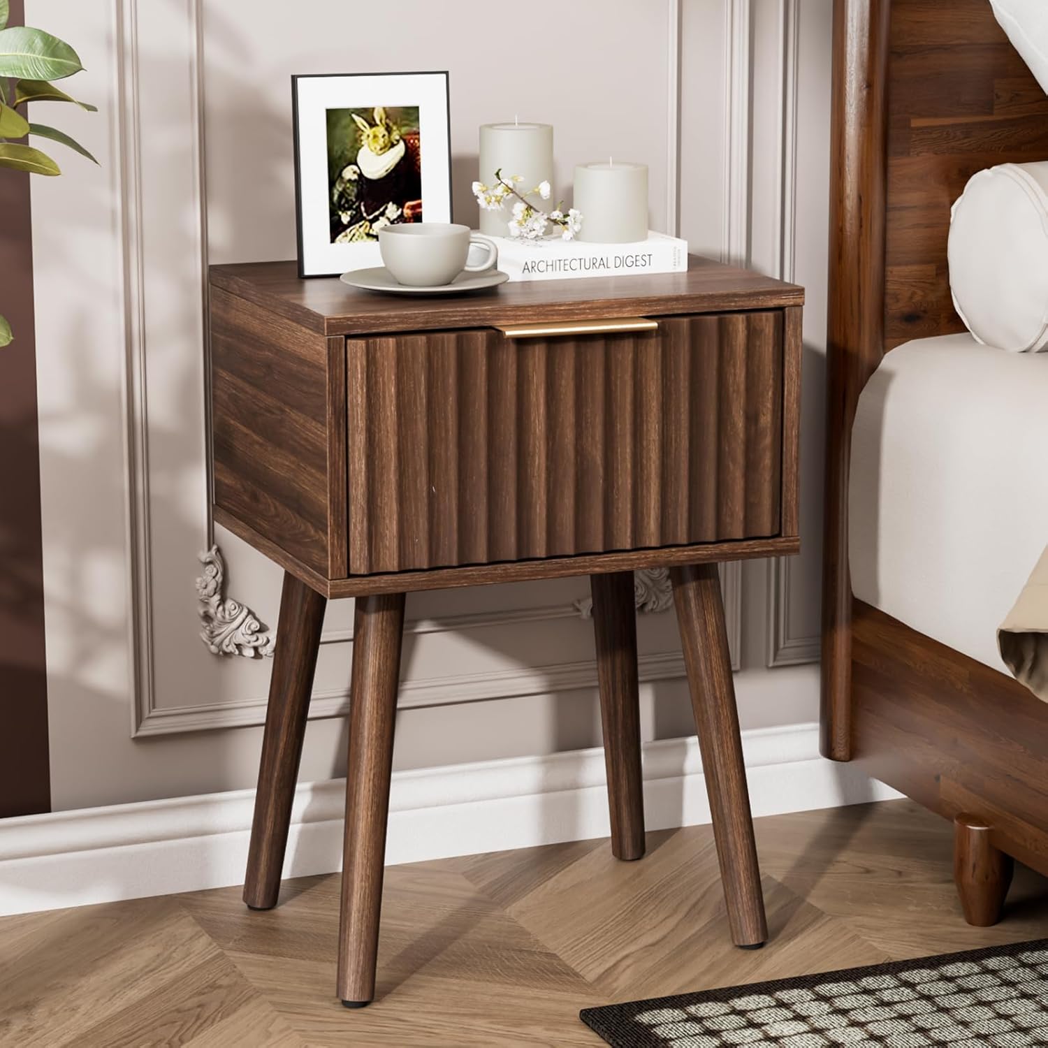 VINGLI Night Stand Set 2, Fluted Nightstands with Drawer, Mid Century Modern Nightstands Set of 2, Bedside Table, End Table, Wood Nightstand for Bedroom, Walnut, 15.75" W*11.81" D*21.85" H