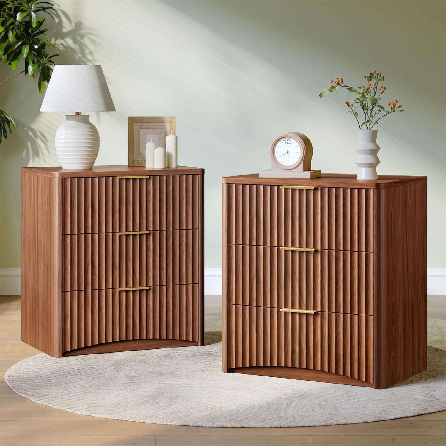 Evermagin Fluted Nightstand Set of 2, Walnut Bedside Table with Drawer and Storage, Wood End Table Mid Century Modern, Large Night Stand for Bedroom
