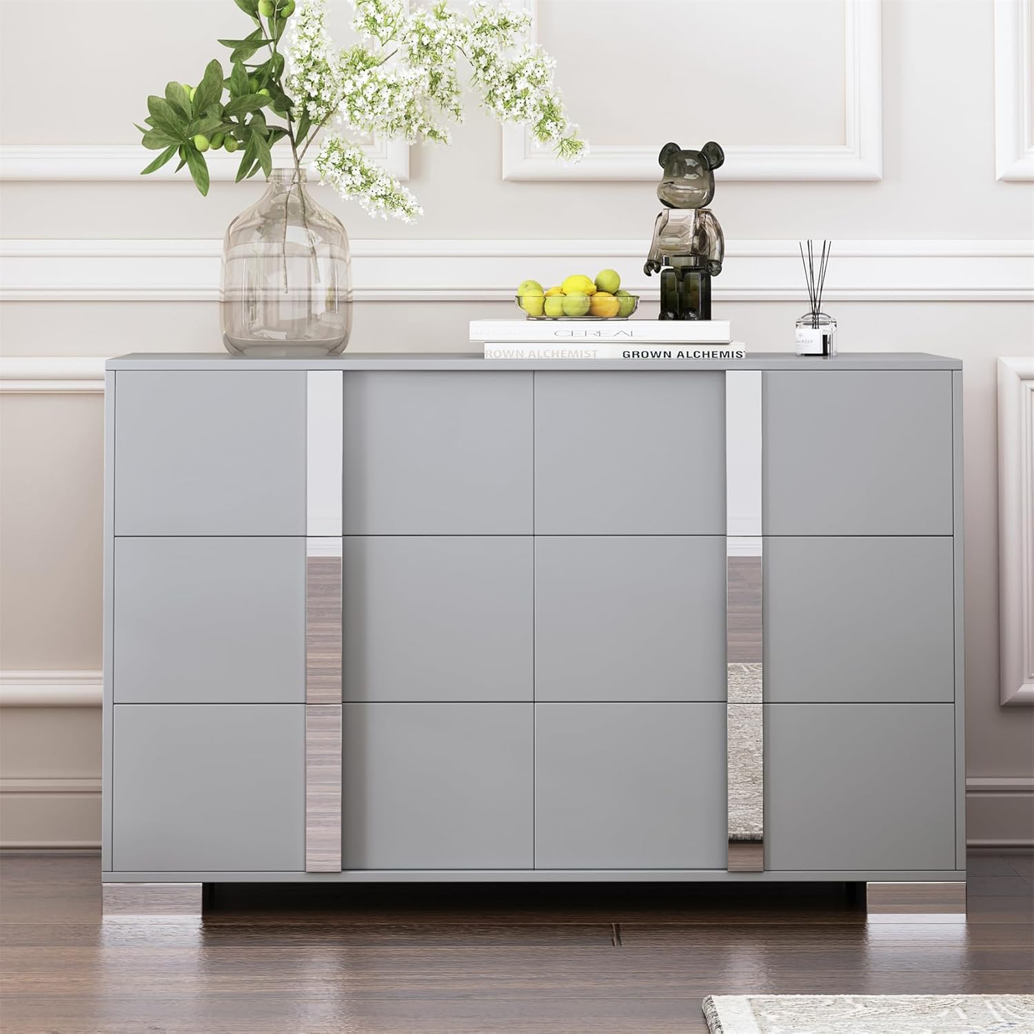 Merax 6 Drawer Wood Dresser for Bedroom, Modern Storage Cabinet Chests with Mirrored Metal Handle Office Furniture, Grey