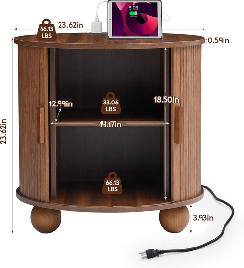 24" Fluted Round Nightstand Set of 2, Mid-Century Large Wooden End Table with Charging Station, Farmhouse Storage Side Table with Sliding Door for Bedroom Living Room (2XRound, Walnut)