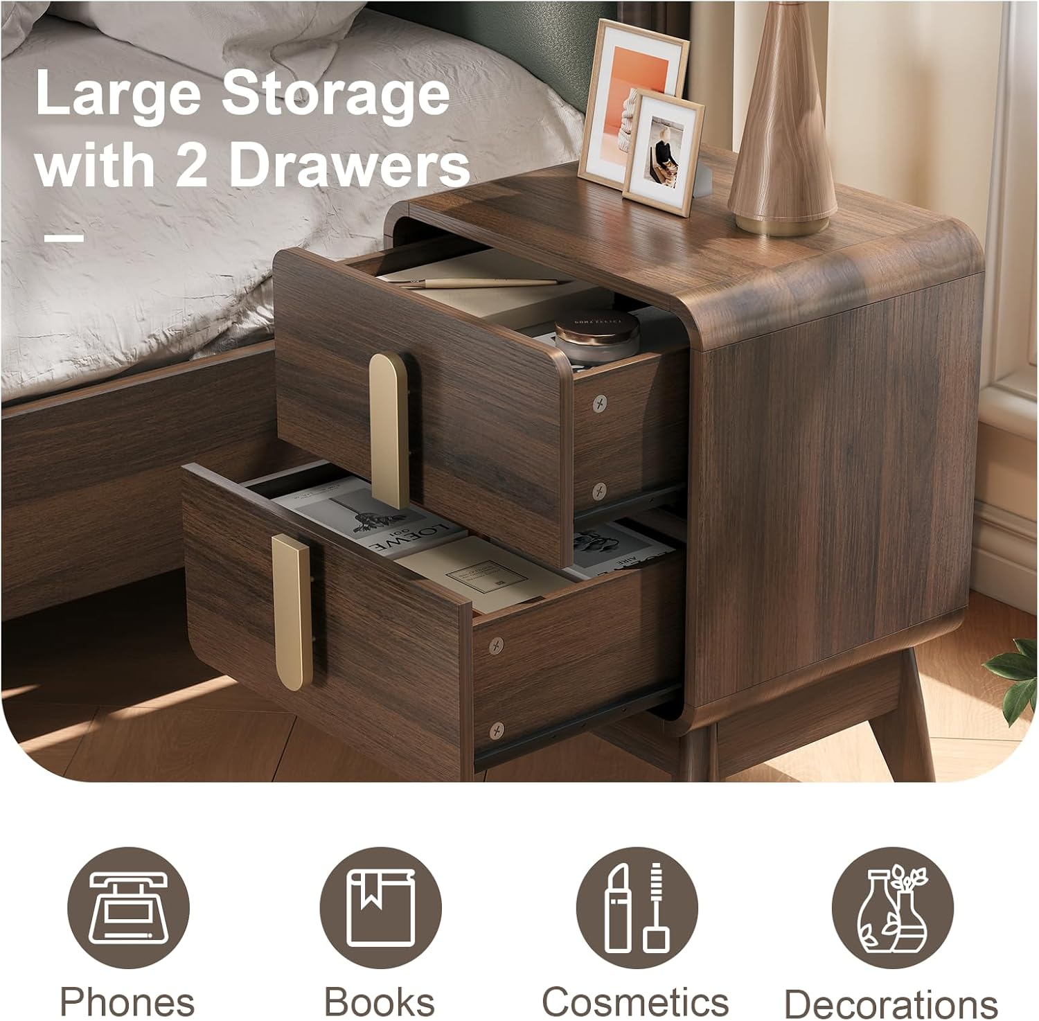 Nightstands Set of 2, Mid Century Modern Nightstand with Drawers, Bedside Tables with Solid Wood Legs, End Side Tables for Bedroom, Small Space,Walnut