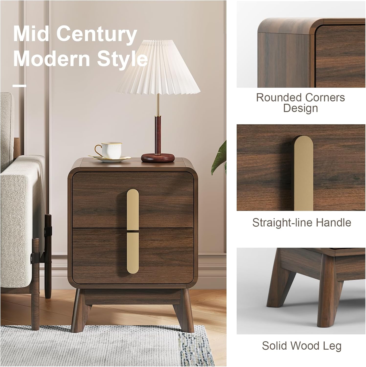 Nightstands Set of 2, Mid Century Modern Nightstand with Drawers, Bedside Tables with Solid Wood Legs, End Side Tables for Bedroom, Small Space,Walnut