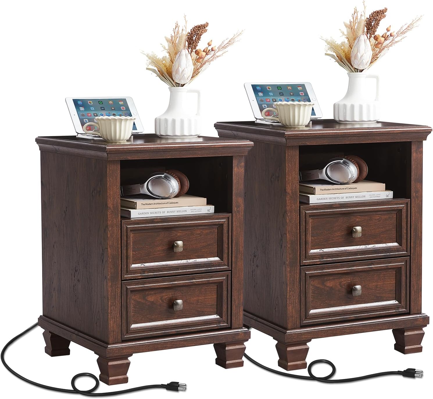 Farmhouse Nightstand Set of 2 with Charging Station, Rustic Brown Nightstand, 2 Drawers End Table, Bedside Table with Open Shelf for Bedroom, Walnut