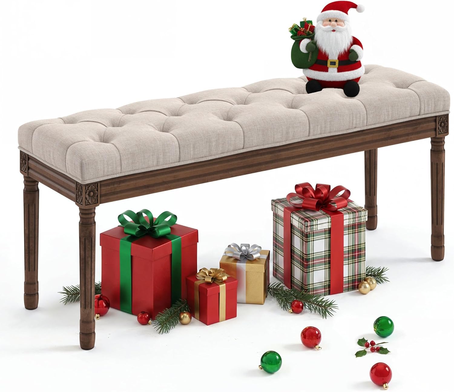 LUE BONA 60" Fabric End of Bed Bench, Upholstered Tufted French Bedroom Bench with Carved Dark Brown Legs for Bedroom End of King Size Bed, Living Room, Linen