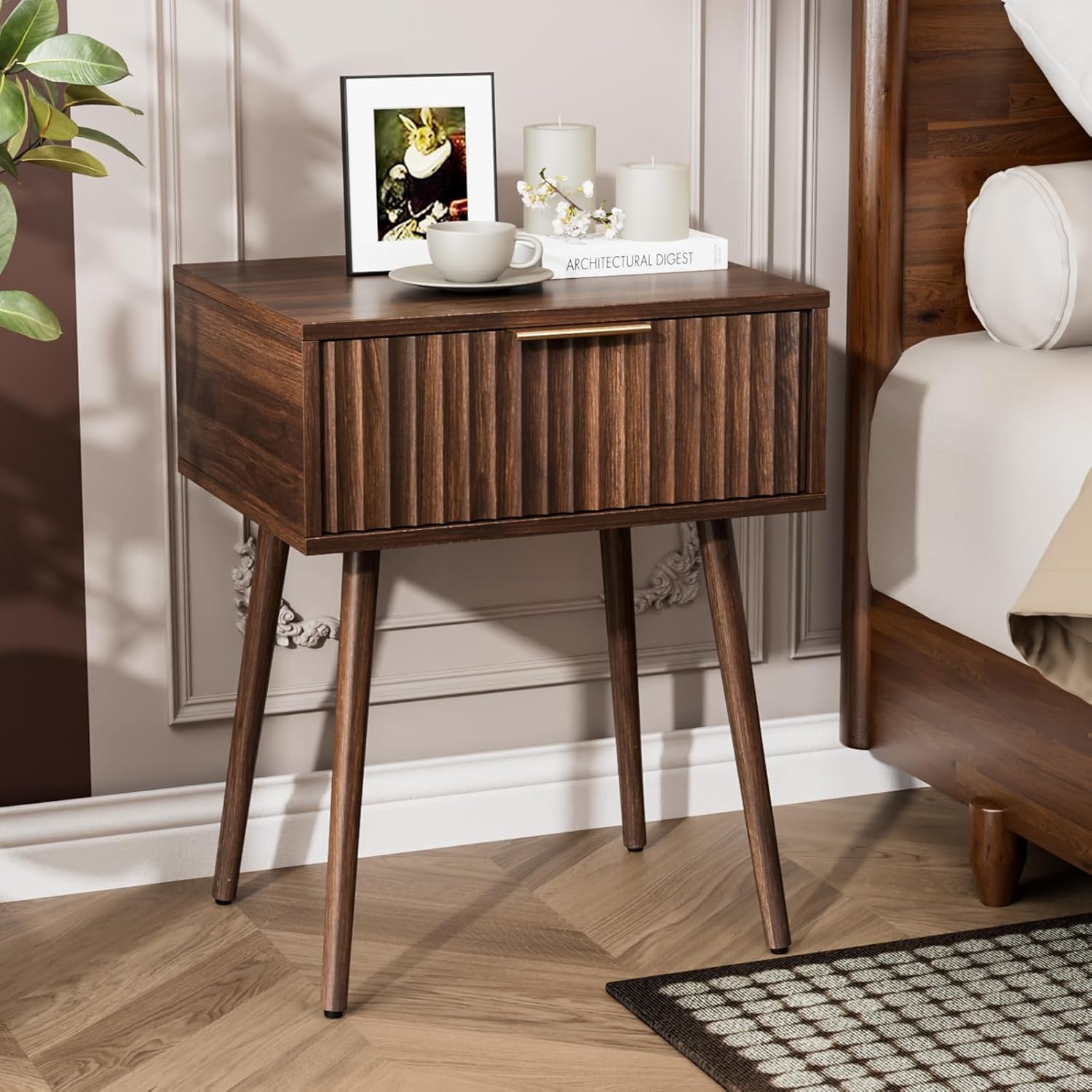 VINGLI Night Stand Set 2, Fluted Nightstands with Drawer, Mid Century Modern Nightstands Set of 2, Bedside Table, End Table, Wood Nightstand for Bedroom, Walnut, 15.75" W*11.81" D*21.85" H
