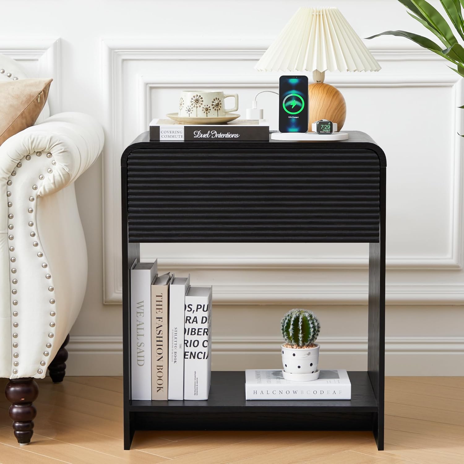 Fluted Nightstand Set of 2 with Charging Station, Modern Bed Side Table End Table with Drawer Storage, Large Wooden Night Stands Bedside for Bedroom Living Room Sofa Office, Walnut 2 Sets