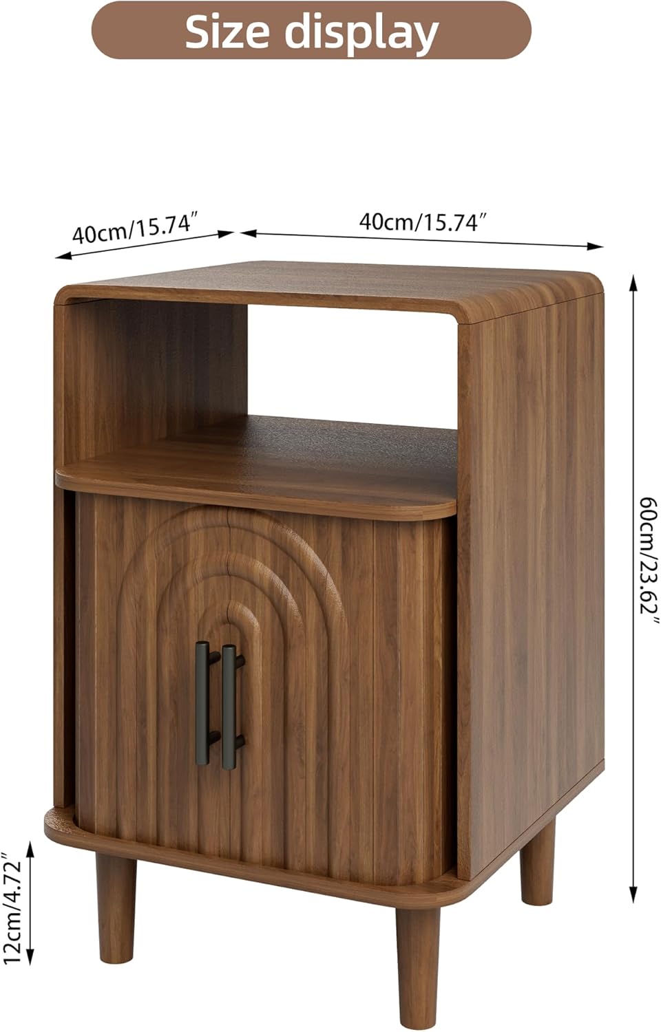 Mid Century Modern Nightstand Set of 2, Small Bedside Table with Door, Fluted Side Table, Vintage Night Stand with Storage, Rustic Wooden End Table, for Bedroom, Walnut, Dark Brown