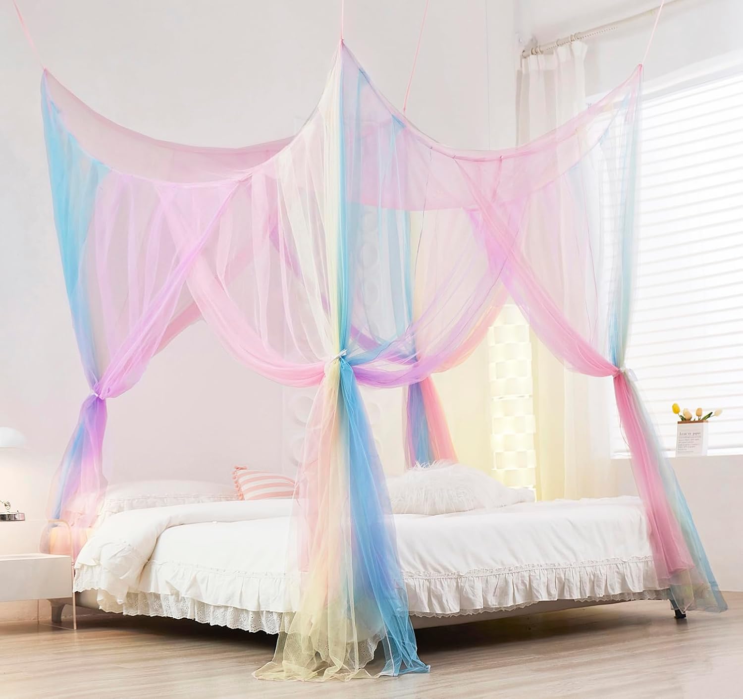 Mengersi 4 Corner Post Elegant Canopy Bed Curtains for Full Queen King Bed,Mosquito Net Suitable for Indoor Outdoor Net(Gray, L87xW79xH98 inch)