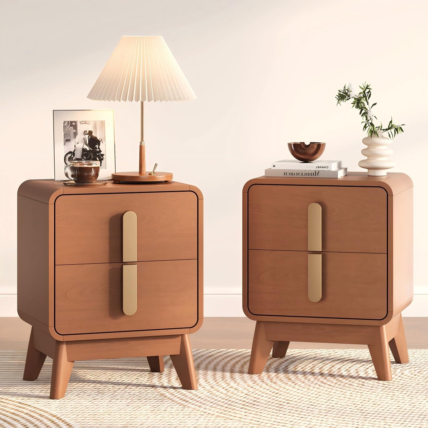 Nightstands Set of 2, Mid Century Modern Nightstand with Drawers, Bedside Tables with Solid Wood Legs, End Side Tables for Bedroom, Small Space,Walnut