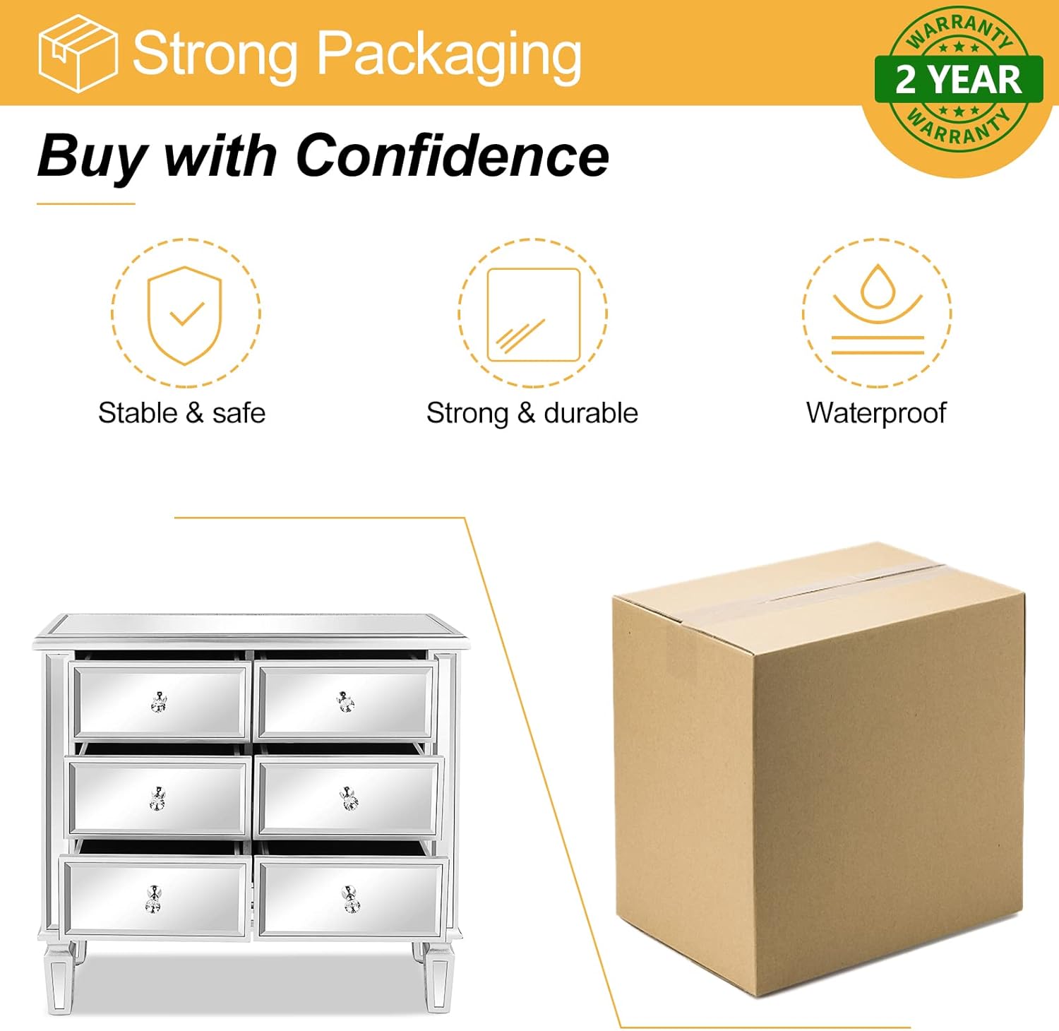 VINGLI Mirrored Dresser for Bedroom with 6 Storage Drawer Modern Chest of Drawers, Silver, 32”L x 12”W x 28”H