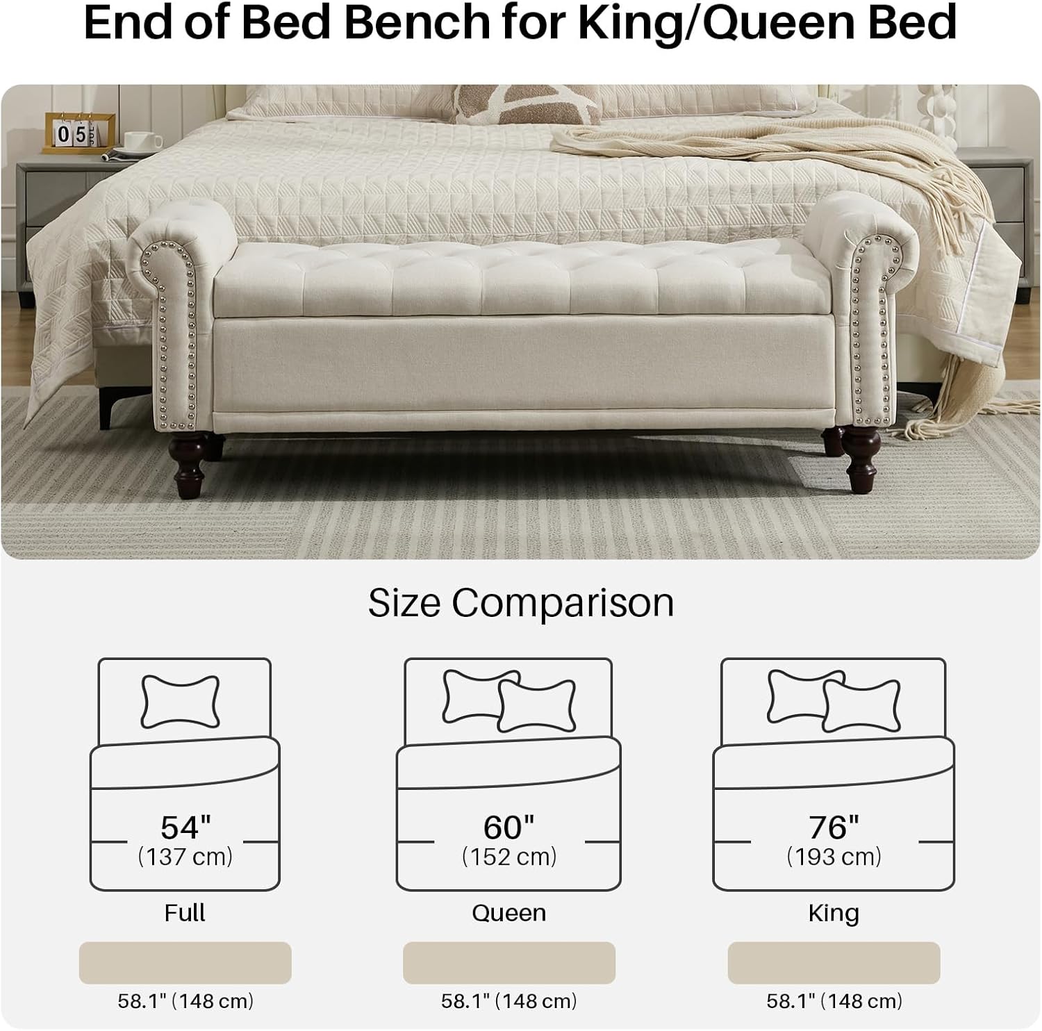 58.1" Storage Bench Upholstered Linen End of Bedroom Bed Bench Ottoman with Tufted Cushioned Rolled Arm Large Storage Space for Reading Living Room Entryway, Beige