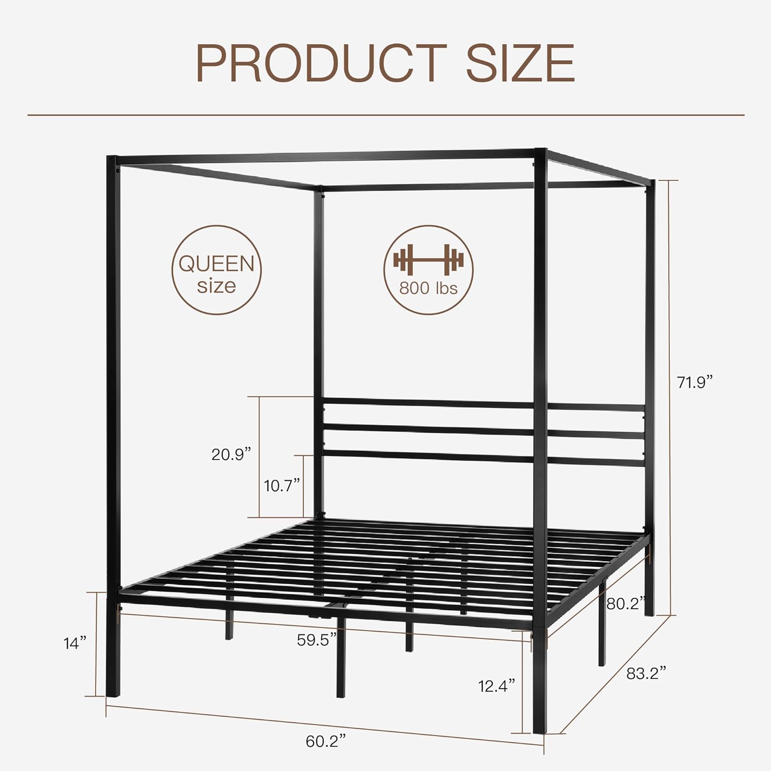 ikalido Queen Size Metal Canopy Bed Frame, Modern Four-Poster Platform Bed Frame, Mattress Foundation, Under-Bed Storage Space, No Box Spring Needed, Black