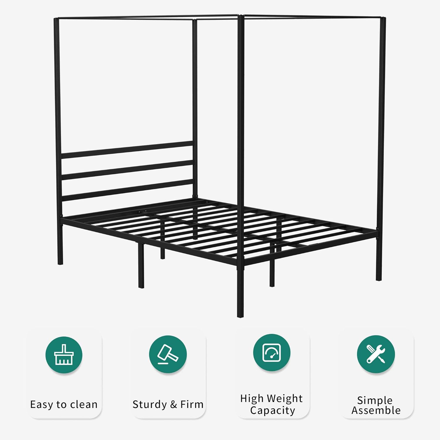 YITAHOME Canopy Bed Frame Metal Four Posters 14 Inch Platform with Built-in Headboard Strong Metal Slat Mattress Support, No Box Spring Needed, Black, Queen Size