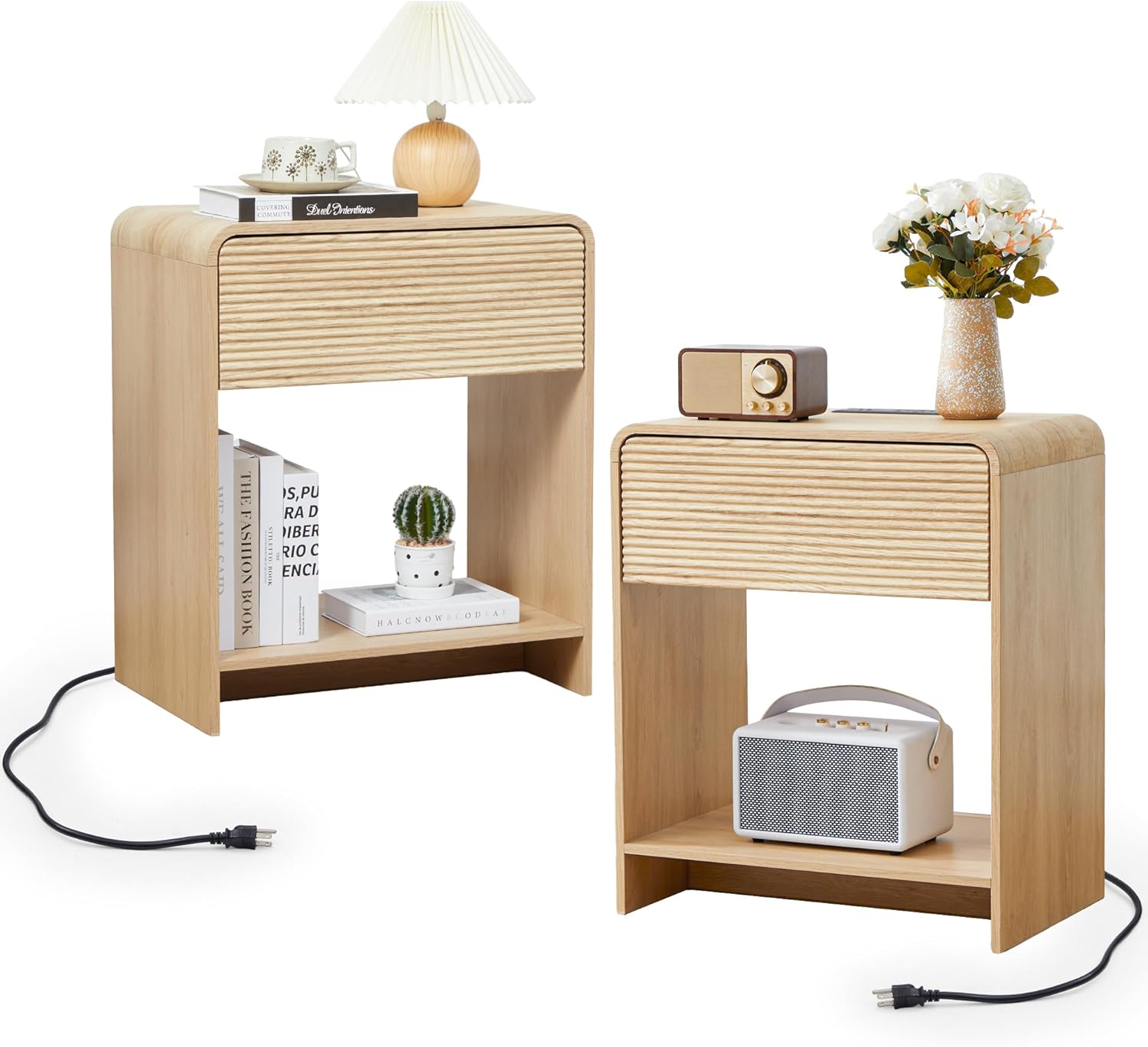 Fluted Nightstand Set of 2 with Charging Station, Modern Bed Side Table End Table with Drawer Storage, Large Wooden Night Stands Bedside for Bedroom Living Room Sofa Office, Walnut 2 Sets