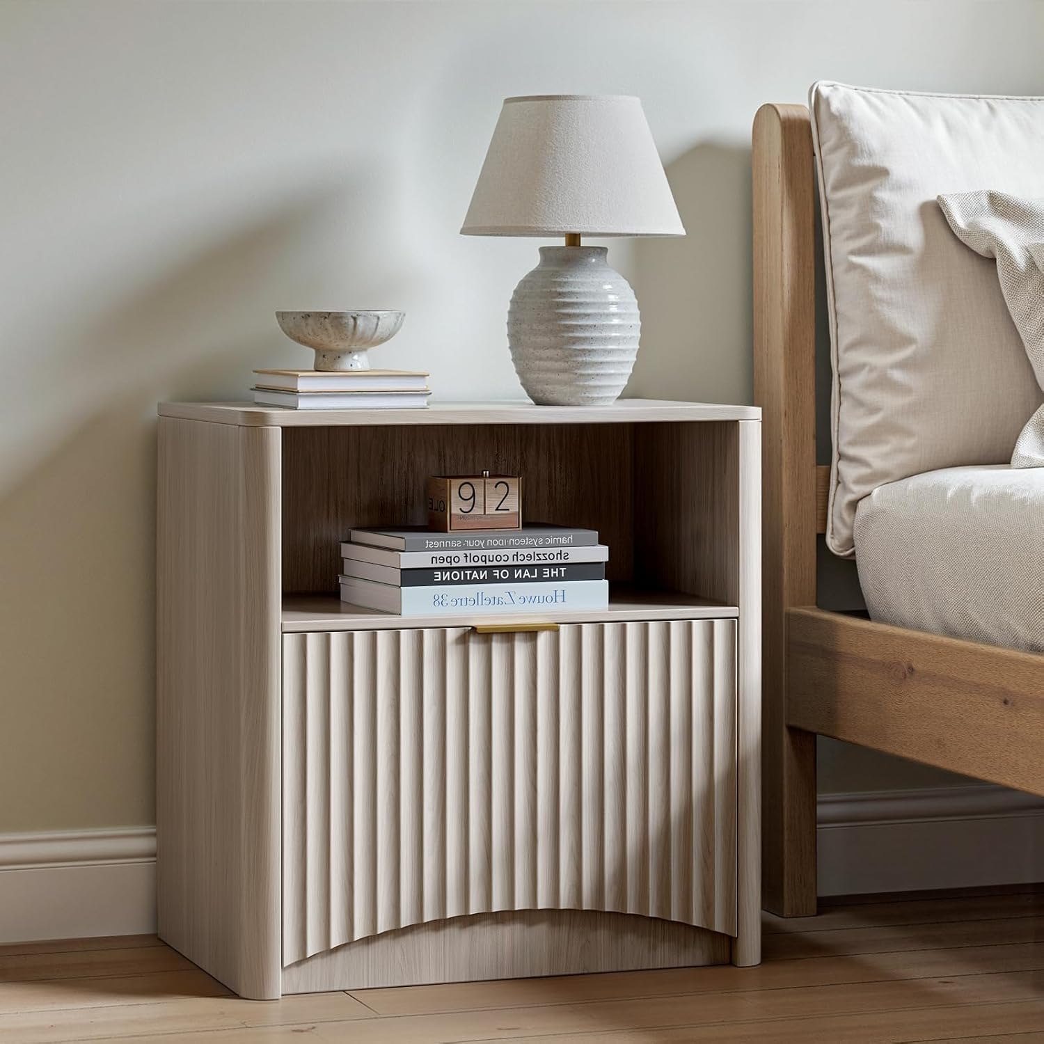 Evermagin Fluted Nightstand Set of 2, Walnut Bedside Table with Drawer and Storage, Wood End Table Mid Century Modern, Large Night Stand for Bedroom