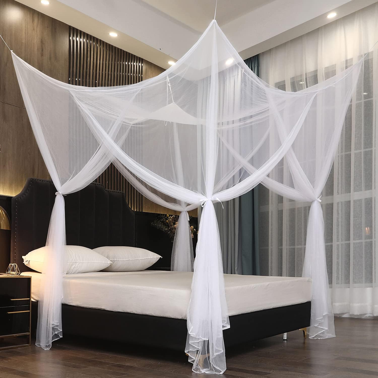Mengersi 4 Corner Post Elegant Canopy Bed Curtains for Full Queen King Bed,Mosquito Net Suitable for Indoor Outdoor Net(Gray, L87xW79xH98 inch)
