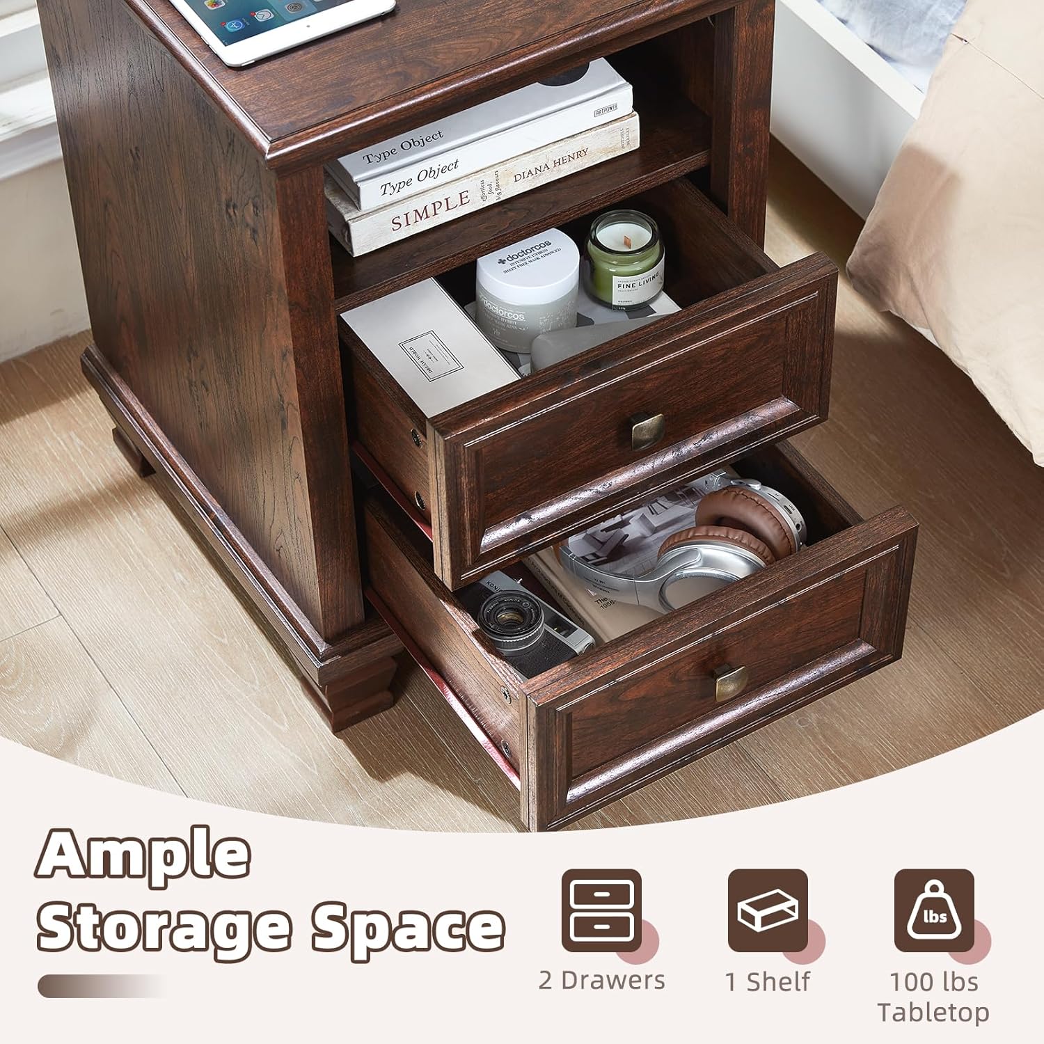 Farmhouse Nightstand Set of 2 with Charging Station, Rustic Brown Nightstand, 2 Drawers End Table, Bedside Table with Open Shelf for Bedroom, Walnut