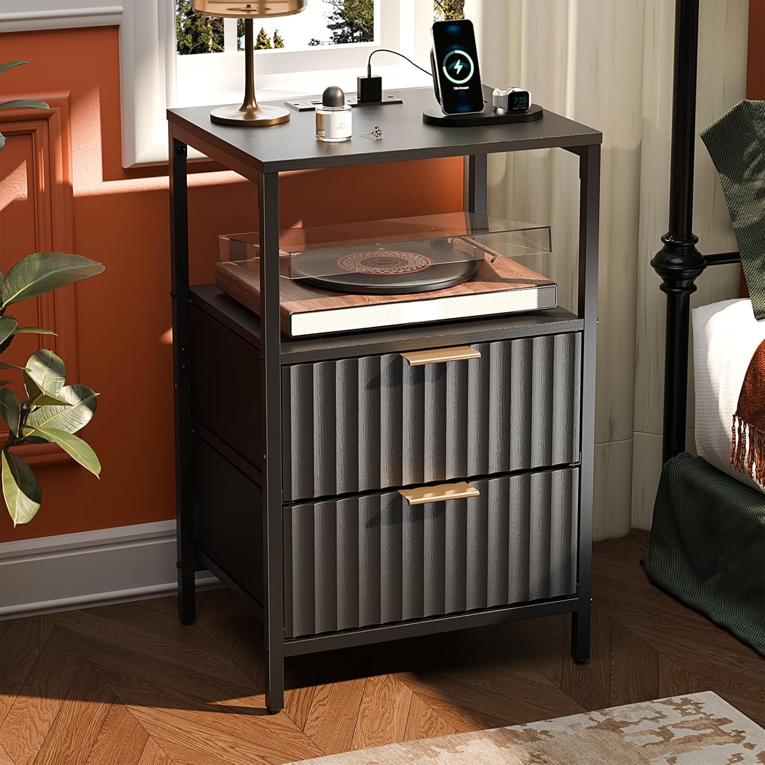 VINGLI Night Stand Set 2, Fluted Nightstands with Drawer, Mid Century Modern Nightstands Set of 2, Bedside Table, End Table, Wood Nightstand for Bedroom, Walnut, 15.75" W*11.81" D*21.85" H