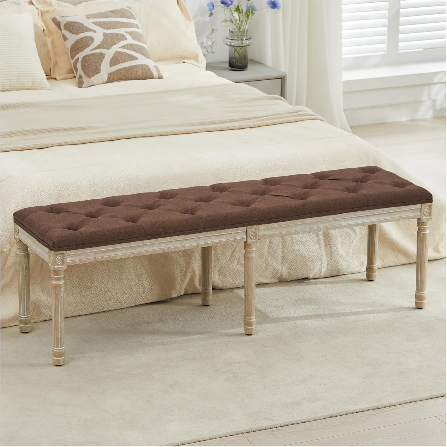 LOULENS French Vintage Bench, Linen Fabric Entryway Bench, Upholstered Tufted End of Bed Bench with Brushed Wood Legs, White