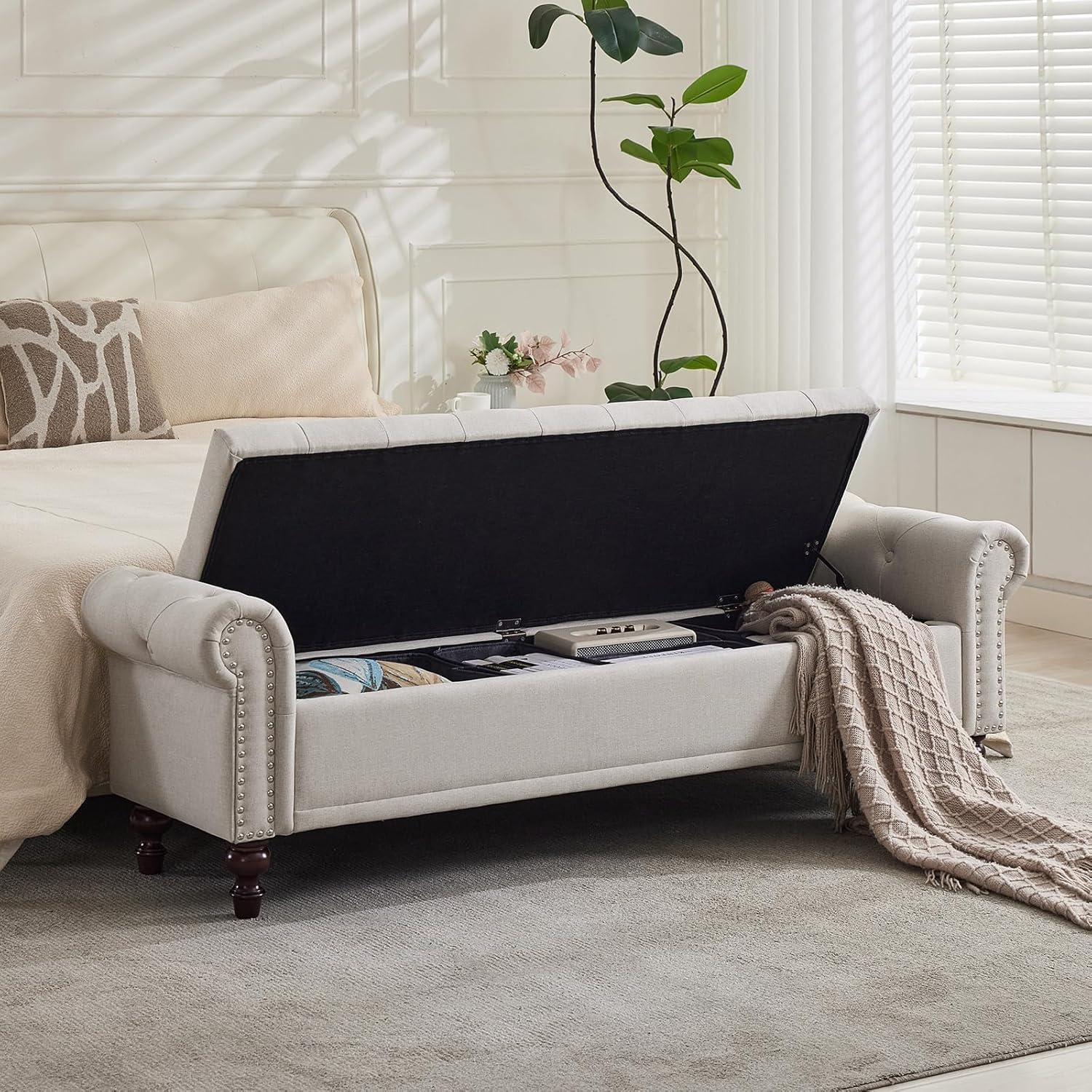 58.1" Storage Bench Upholstered Linen End of Bedroom Bed Bench Ottoman with Tufted Cushioned Rolled Arm Large Storage Space for Reading Living Room Entryway, Beige