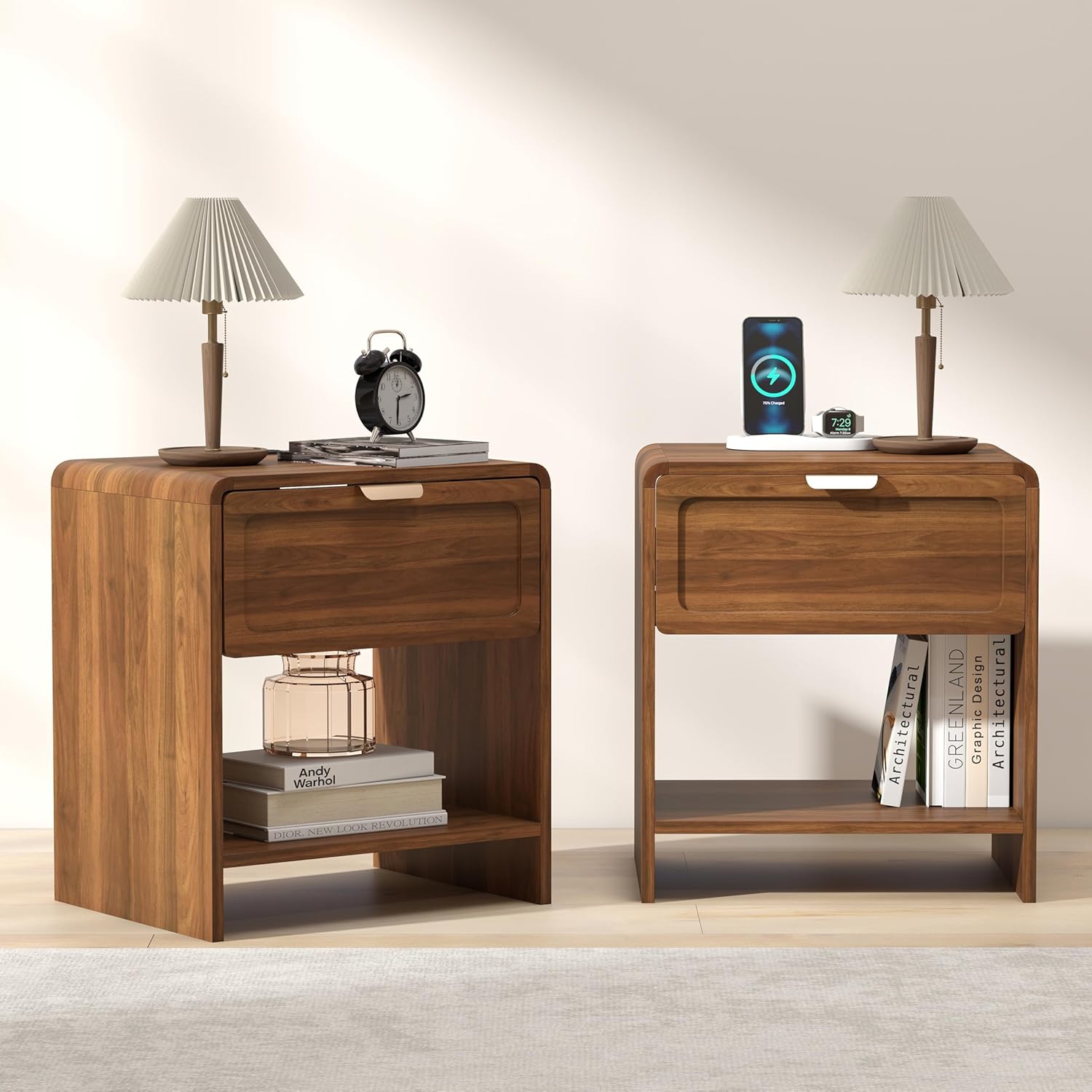 LEVNARY Compact Nightstand Set of 2, Mid-Century Modern Bedside Table with Charging Station and Curved Top Corners, Wooden Small End Table for Farmhouse Bedroom Living Room (2, Walnut)