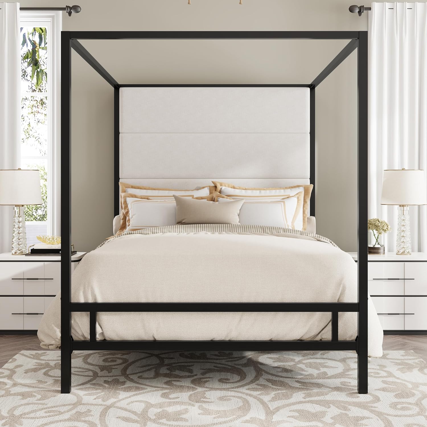 LUMISOL Queen Size Canopy Bed with Tall Velvet Upholstered Headboard, Metal 4-Poster Bed Canopy Bed Frame, Queen Canopy Platform Bed Metal, Box Spring Needed, Black